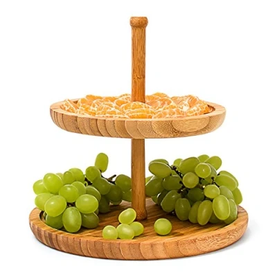 Immagine di Relaxdays Alzata Portafrutta su 2 Livelli, Centrotavola, Vassoio da Portata, Struttura in bambù per Buffet, Naturale, Marrone, 25x25x24 cm