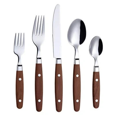 Immagine di Annova, set di posate in acciaio inox con manico colorato rivetto/posate stile retrò (Legno, 20 Pieces)