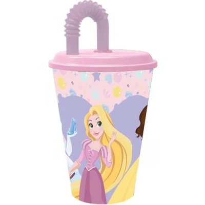 Immagine di Disney Bicchiere rosa e lilla per bambine in plastica Principesse Belle Cenerentola Rapunzel 430 ml con cannuccia coperchio flessibile