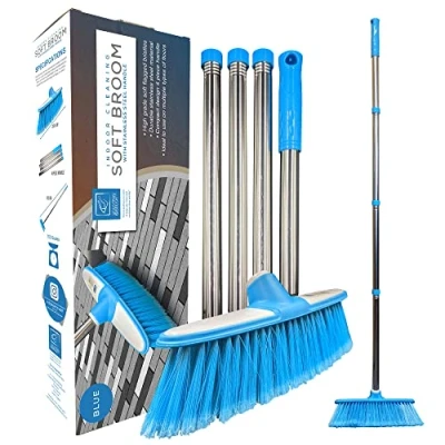 Immagine di Scopa per interni con spazzola a setole morbide e manico in acciaio inossidabile pavimenti ideale la casa lungo (Blu)