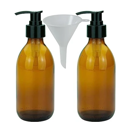 Immagine di mikken 2 dispenser per sapone da 250 ml, in vetro marrone, senza BPA, disinfettanti, alimenti, imbuto incluso