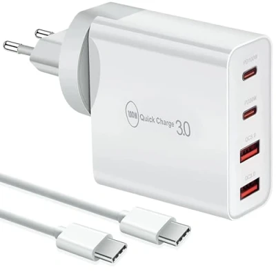 Immagine di caricatore USB C da 100 W e cavo (1 m), rapido 4 porte Quick Charger PD 3.0, compatibile con iPhone 15, Mac Pro/Air, İpad Pro, Samsung, Huawei, Xiaomi, Type Netzeil