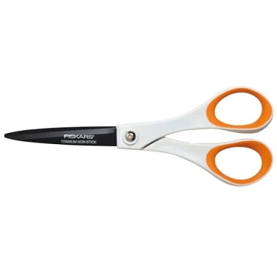 Immagine di Fiskars Forbici universali antiaderenti, Lunghezza: 18 cm, Per destrorsi e mancini, Rivestimento in titanio/Lama acciaio inossidabile/Impugnature plastica, Bianco/Arancione, 1004720