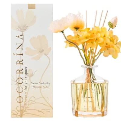 Immagine di COCORRÍNA Fiore Diffusore Profumo Ambiente con 8 Bastoncini di fragranza 250ml Moroccan Amber, naturale, Lunga Durata, per la Camera da Letto, L&#039;Ufficio, Il Bagno (Collezione Master)