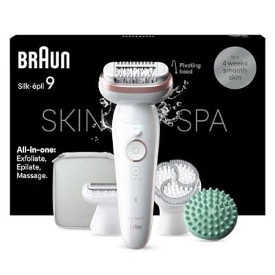Immagine di Braun Silk épil 9 SkinSpa Depilatore Donna, Epilatore Elettrico Donna Con Testina Flessibile Per Una Epilazione Semplice, Wet &amp; Dry, Pelle Liscia a Lungo, Kit Tutto In Uno, 080, Bianco/Rosa