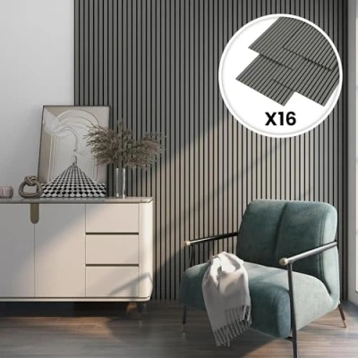 Immagine di NEU.HOLZ Set di 16 Pannelli Fonoassorbenti Decorativi Isolamento Acustico per Parete e Soffitto in Feltro Pet con Listelli MDF Rovere Grigio Chiaro