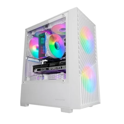 Immagine di MARSGAMING MC VORTEX, Case Gaming MicroATX, Frontale Mesh Geometrico, Finestra Laterale in Vetro Temperato, 3x Ventole FRGB Rainbow 120mm, Mini Torre PC Compatta con Design a Doppia Camera, Bianco