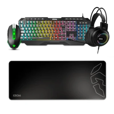 Immagine di KROM Pack Gaming KARRIER LED RGB Rainbow, tastiera a membrana, mouse ottico 3600 dpi, cuffie stereo da 50 mm, tappetino in gomma antiscivolo, layout spagnolo, colore nero