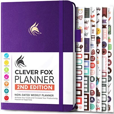 Immagine di Clever Fox Planner 2nd Edition Agenda settimanale e mensile per obiettivi, organizer la gestione del tempo produttività, senza data, A5 (viola)