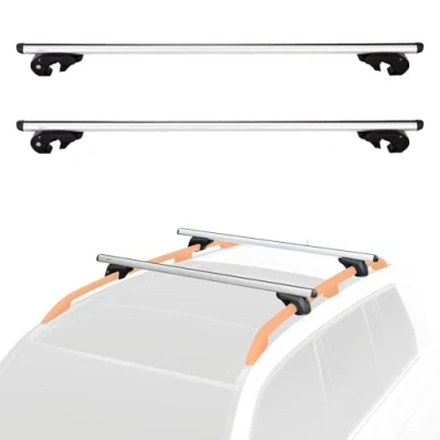Immagine di Amazon Basics Barre portapacchi da 142,2 cm per tettuccio auto, adatte binari rialzati con larghezza 106,7 a 126 cm, Confezione 2 pezzi, Argento
