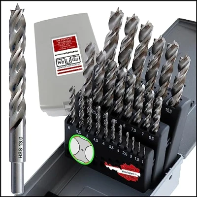 Immagine di WELIQU Set di 25 punte per legno da 1 a 13 mm duro e morbido. Attenzione: punta molto affilata in acciaio HSS G resistente con incrementi 0,5