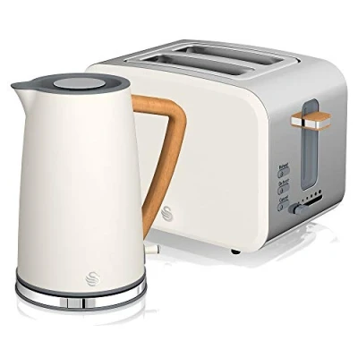 Immagine di Swan Nordic Set Colazione Bollitore Acqua Senza Fili 1.7L 2200W Tostapane Pane Slot Larga 2 Fette 3 Funzioni Design Moderno Effetto Legno Bianco