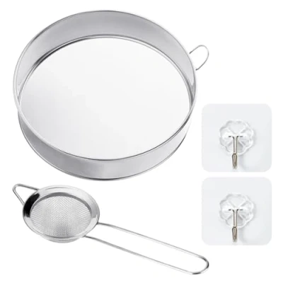 Immagine di 1 setaccio per farina, piccolo filtro filtro, 2 ganci, a maglia fine, rotondo in acciaio inox, strumento farina fine