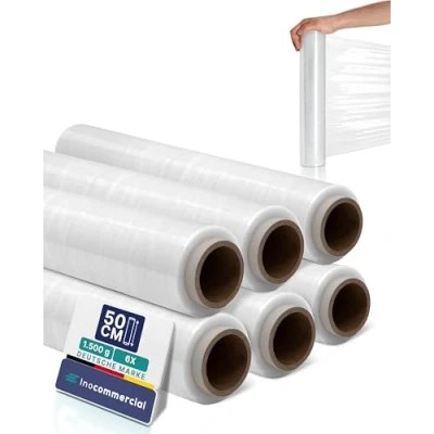 Immagine di Inoverse 6 rotoli di pellicola elastica trasparente, 50 cm/1,5 kg, per mobili e trasloco, pallet, imballaggio su rotolo, materiale da