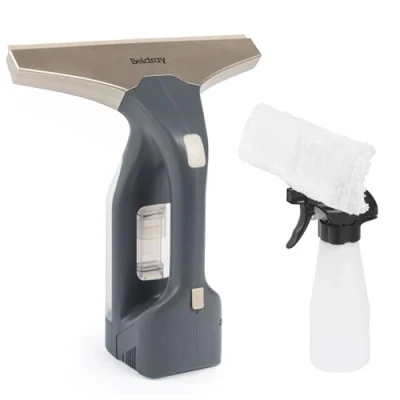 Immagine di Beldray Cordless Window Vacuum + Portatile e ricaricabile, pulizia di specchi vetri, serbatoio dell&#039;acqua rimovibile da 100 ml, include flacone spray tampone per salviette, titanio, BEL01985VDE