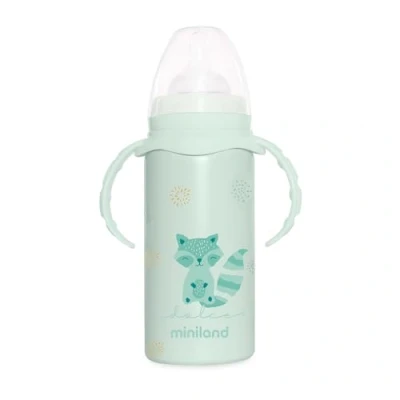 Immagine di Miniland Thermobaby Dolce Menta 240ml. Thermos da 240ml in acciaio inox con tettarella, a doppio strato di acciaio, che mantiene la temperatura della bevanda fredda e calda per ore.