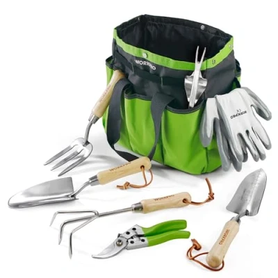 Immagine di WORKPRO Attrezzi e Utensili da Giardino 8 Pezzi, in Acciaio Inossidabile con Borsa, Include Forbici per Potare, Cazzuola Trapianto, Paletta Terreno, Forcola Rastrello a Mano