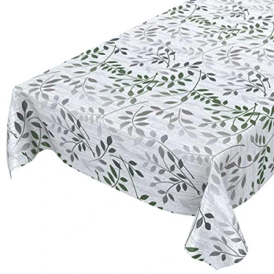 Immagine di tovaglia cerata, in tela lavabile, per interni, esterni, giardino, ovale, 200 x 140 cm, motivo con foglie argento e verde