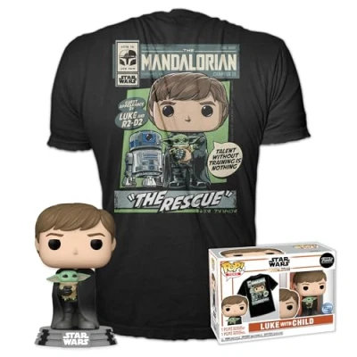 Immagine di Funko Pop! &amp; Tee: Mandalorian Luke Skywalker With Grogu (The Child, Baby Yoda) Small (S) Star Wars: The T Shirt, Maglietta Vestiti con Figura in Vinile da Collezione Uomini