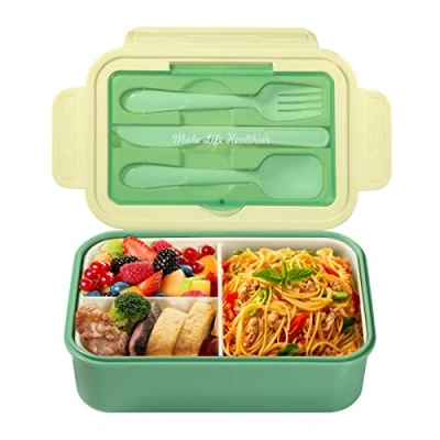 Immagine di Diboniur Porta Pranzo, Lunch Box con Posate, 1400 ml Schiscetta Pranzo Bento 3 Scomparti Contenitore Ufficio Microonde (Verde)