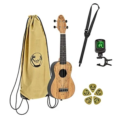 Immagine di Ortega Guitars Ukulele Soprano acustico Keiki K3 Starter Kit include Accordatore, Tracolla, 5 Plettri Medium e Borsa con Coulisse spalted maple (K3 SPM)