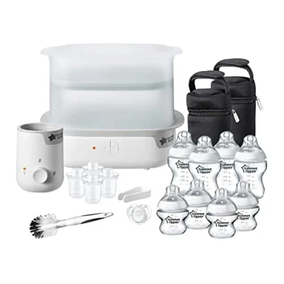 Immagine di Tommee Tippee Set completo di alimentazione, sterilizzatore elettrico super vapore, biberon e scaldasalviette, accessori, colore: Bianco