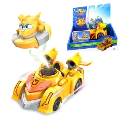 Immagine di super Wings EU770331 Golden Boy e veicolo rotante, alto circa 14 cm con 2 modalità, incluso mini come trottola da sparare, per bambini a partire dai 3 anni di età