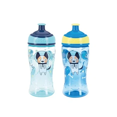 Immagine di Nuby Super Slurp 048526890477 Borraccia anti fuoriuscita, 360 ml, impugnatura facile, lavabile in lavastoviglie, adatta per bambini dai 18 mesi su (astronauti, confezione da 2)