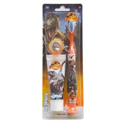 Immagine di Jurassic World Kit da viaggio per l&#039;igiene orale, contiene dentifricio al gusto di fragola e spazzolino denti con tappo protezione, ventosa, manico comodo setole morbide bambini