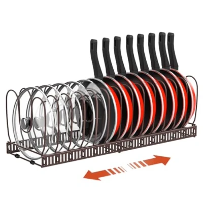 Immagine di Housolution Porta Coperchi Pentole con 14 Scomparti Regolabili, Organizer Espandibile e Padelle per Cucina, Bronzo