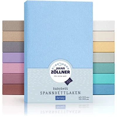 Immagine di Julius Zöllner Lenzuolo con Angoli Elasticizzati in Jersey per Lettino, 100% di Cotone, Certificato Oeko Tex Standard 100, Dimensioni: 60 x 120 cm/70 140 cm, Confezione da 1 Pezzo, Azzurro