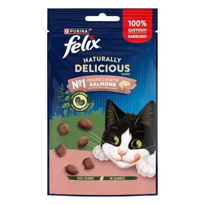 Immagine di Purina Felix Naturally Delicious Snack Gatto, Ricco in Salmone con un Tocco di Spinaci, 8 Buste da 50 g