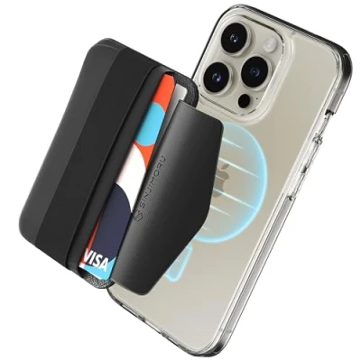 Immagine di Sinjimoru Cell Phone Wallet for MagSafe with Grip Holder Hand, Magnetic iPhone Card Back of Case Finger 14, 13 &amp; 12 Series. M Band Black