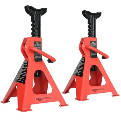 Immagine di Amazon Basics Cavalletti di sostegno per veicoli, in acciaio, Capacità 2 tonnellate (1,8 metriche) 1 paio, Nero/rosso