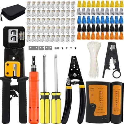Immagine di MAYLINE RJ45 Pinza Cirmpatura Strumenti Kit CAT5 CAT6 di Rete Professionali Crimpatrice per LAN Cavi Ethernet RJ11/RJ12 Cat7, Manutenzione del Tester del(grigio)