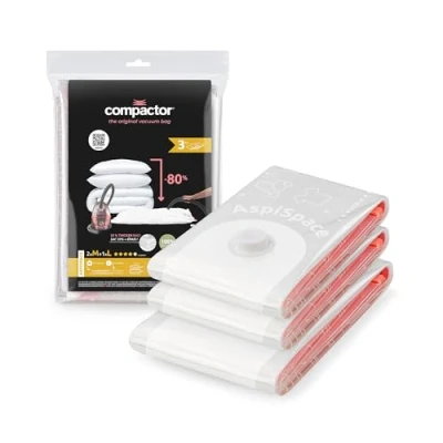 Immagine di Compactor Set 3 sacchi sottovuoto Aspispace, soluzione salvaspazio per vestiti e piumoni nell’armadio o in viaggio, compressione con pompa aspirapolvere, antiacari, umidità, tarme, taglia M+L