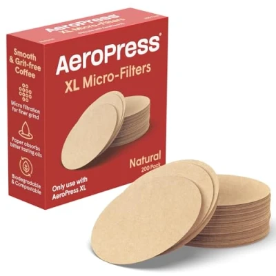 Immagine di AeroPress XL Microfiltri Naturali in Carta Filtri Rotondi Non Sbiancati per Macchine Caffè Accessori Indispensabili Caffè, XL, 1 Pacco (200 filtri)
