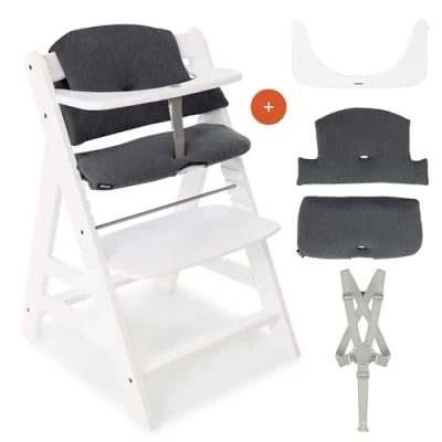 Immagine di hauck Seggiolone Alpha Plus Pappa in Legno Evolutivo con Imbracatura a 5 punti, Barra di Protezione e Cuscino Premium (Bianco/Charcoal)
