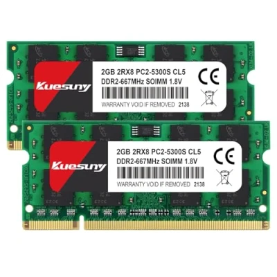 Immagine di Kuesuny 4GB KIT (2X2GB) DDR2 667MHz Sodimm Ram PC2 5300 5300S 1.8V CL5 200 Pin 2RX8 Dual Rank Non ECC Unbuffered Notebook Laptop Memory Modules Upgrade