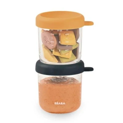 Immagine di BÉABA Set di 2 Contenitori Pappa, Vasetti in Vetro per la Conservazione, Porzioni Freezer Svezzamento, Neonati e Bambini, Scala Graduata Misurazione, Termoresistente, 250 ml, Blu notte/Miele