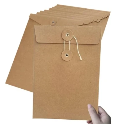 Immagine di 10 cartelle portadocumenti in carta kraft ecologica, formato A4, con chiusura a cordoncino, buste marroni per progetti, documenti e relazioni, riciclati durevoli