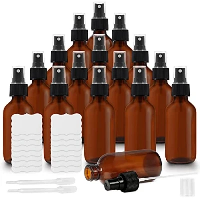 Immagine di BELLE VOUS Bottigliette Vetro Mini (16pz) Boccette Ambrato 60 ml con Profumi Vuoti Nebulizzatore Profumo, Pipetta ed Etichette Adesive per Aromaterapia, Oli