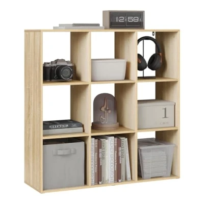 Immagine di WOLTU Libreria a 9 cubi, Scaffale libreria, Divisorio per Organizzatore Mobile di Stoccaggio Soggiorno e Ufficio, 94x29,5x93 cm, Rovere chiaro, SK047hei