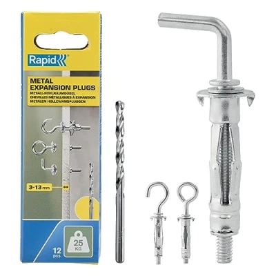 Immagine di Rapid Confezione da12Tasselli ad espansione in Metallo di cui4con gancio a L,4con Ce 4con anello per Pareti Cave Cartongesso con Spessore di3 13mm,Supportano fino a25Kg Carico