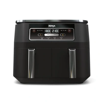 Immagine di Ninja Foodi Dual Zone Friggitrice ad Aria Digitale, 2 Cestelli Antiaderenti, 7.6L, 4 in 1, Senza Olio per Massima Croccantezza, Cottura Arrosto e Riscaldamento, Lavabile Lavastoviglie, Nero AF200EU