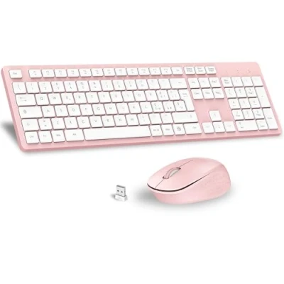 Immagine di LeadsaiL Tastiera e Mouse Wireless, Kit Wireless per Computer USB 2,4 GHz, Full Size, Silenzioso, Ergonomico, Tastierino Numerico, Layout Italiana QWERTY HP/Lenovo/Mac Rosa