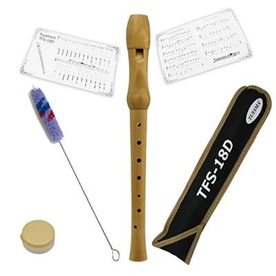 Immagine di Tuyama® TFS 18D Flauto Dolce Soprano in Acero Diteggiatura Tedesca Legno con Tabella delle Diteggiature e Esempi Musicali