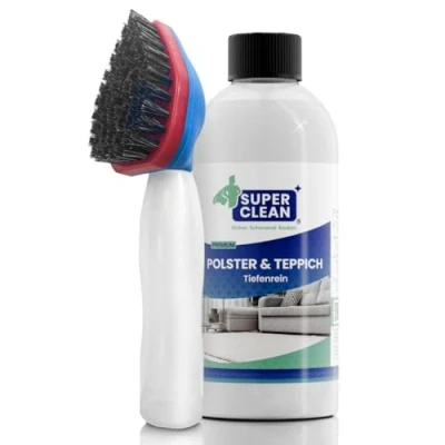 Immagine di SUPER CLEAN Tappezzeria e tappeto. Detergente concentrato per tutti i tipi di tappezzeria, moquette, sedili auto, divano o divano. Contenuto: 500 ml + spazzola shampoo