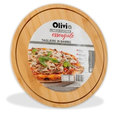 Immagine di IPEA Tagliere Rotondo in Legno per Pizza, Formaggi, Salame 28 cm Circolare Multiuso Tagliare e Servire Antipasti, Pane Verdure Cucina o Ristorante Piatto Vassoio Bambù