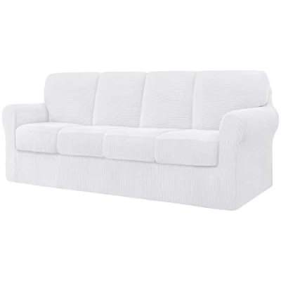 Immagine di CHUN YI Copridivano elasticizzato a 4 posti con quattro cuscini e schienali separati, elegante tessuto jacquard spandex per divano protettivo mobili da soggiorno (4 posti, bianco)